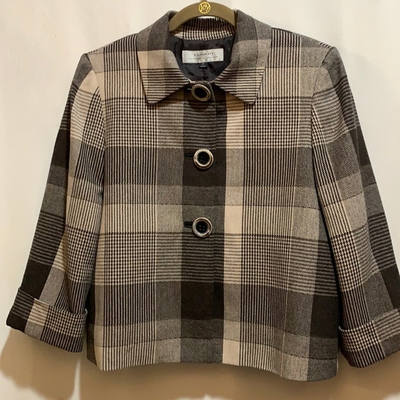 TAHARI CROPPED JACKET PLAID SZ10 BLK/TAN WOOL/VIS - Picture 1 of 6